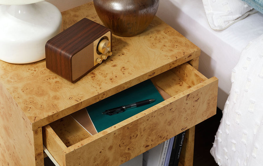 Haven 1-Drawer Burl Wood Nightstand With Shelf in Natural
