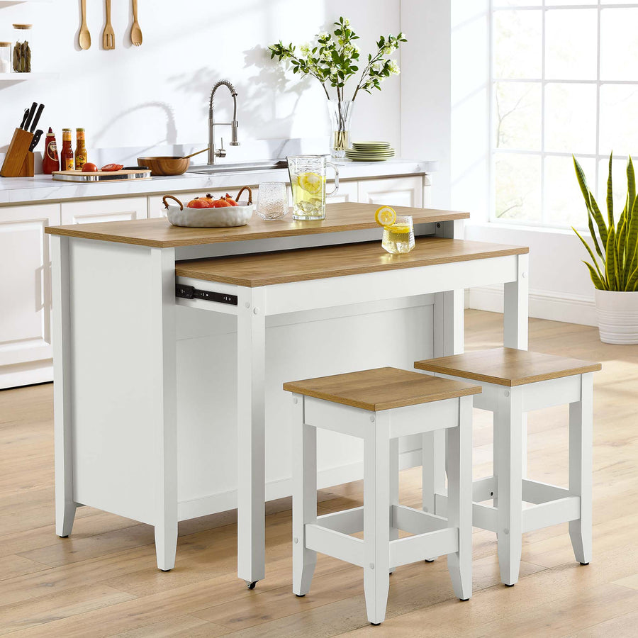 Hayes 3-Piece Kitchen Island and Stool Set in Oak White