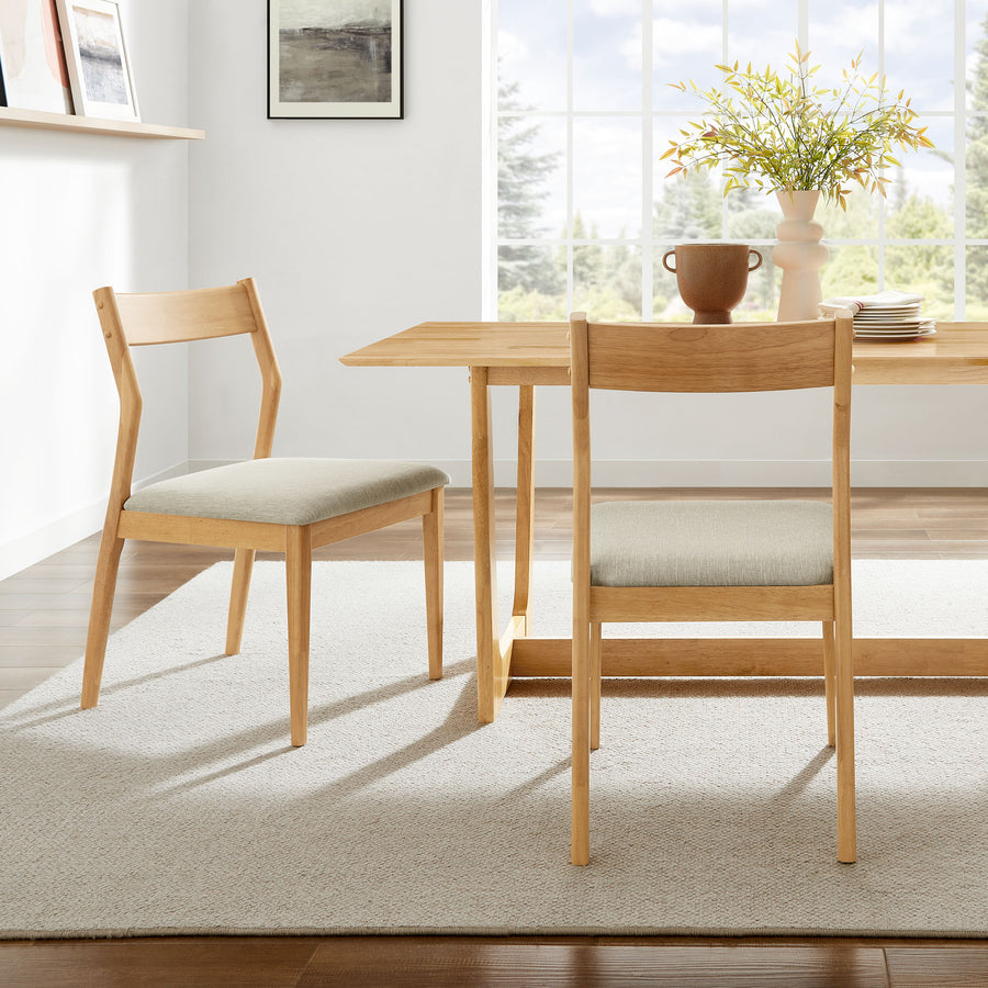 Marble Fabric Wood Dining Side Chairs Set of 2 in Natural Heathered Weave Beige