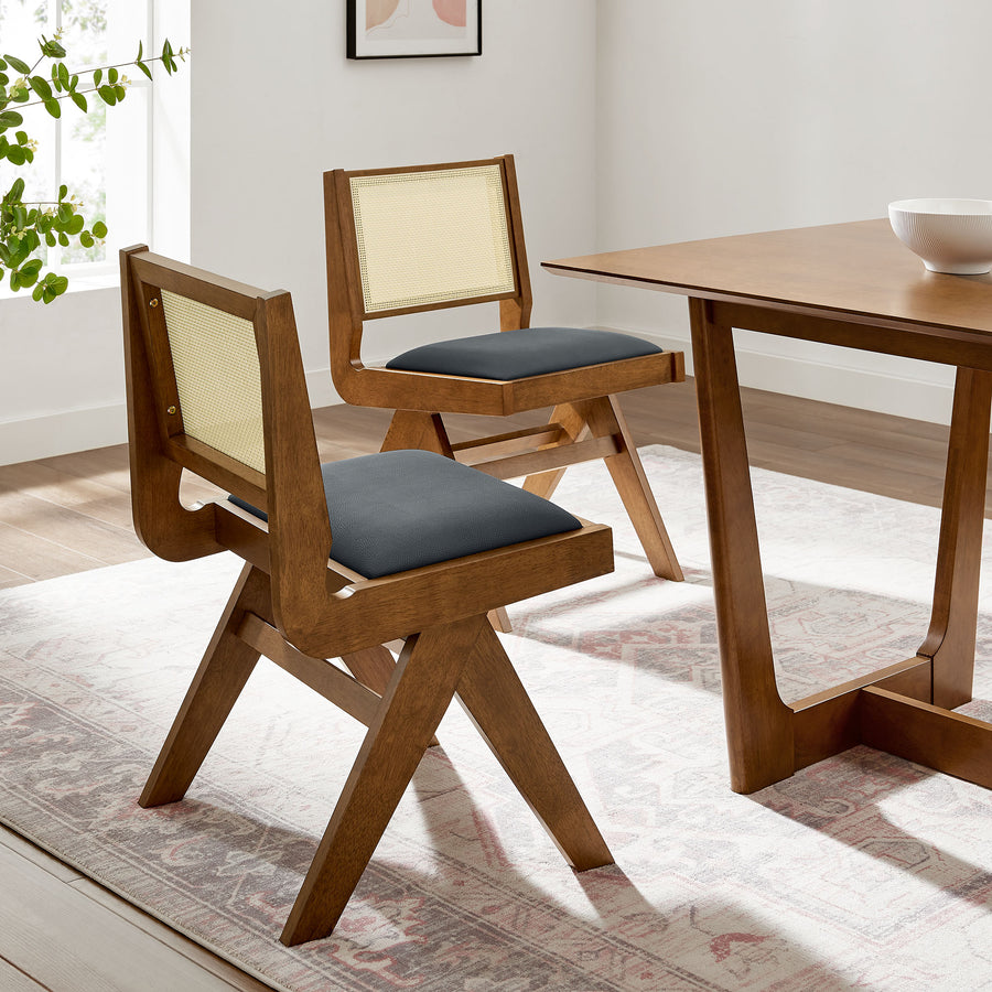 Verdejo Vegan Leather and Cane Dining Side Chairs Set of 2 in Walnut Black
