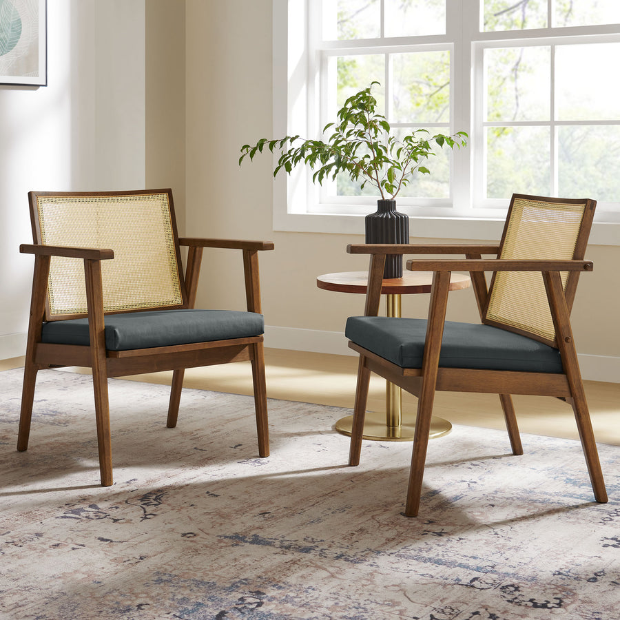 Verdejo Vegan Leather and Cane Accent Armchairs Set of 2 in Walnut Black