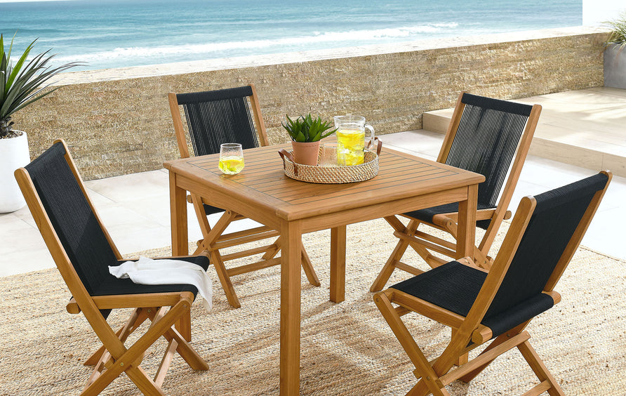Nova 5-Piece Outdoor Patio Teak Wood Dining Set with Rope Folding Chairs in Natural Black