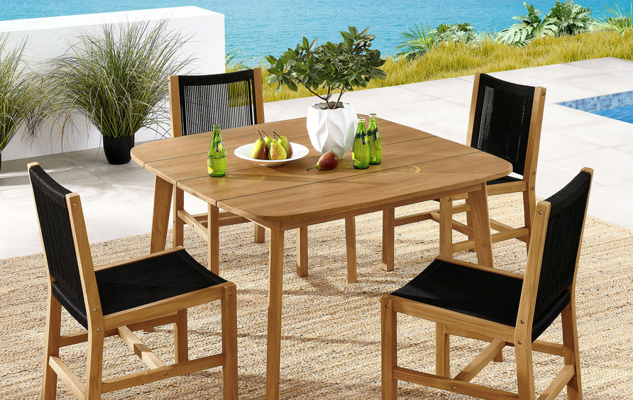 Nova 5-Piece Outdoor Patio Teak and Rope Dining Set with Armless Chairs in Natural Black