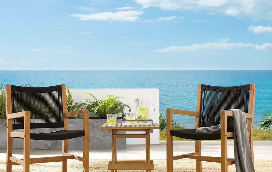 Nova 3-Piece Outdoor Patio Teak and Rope Armchairs with Folding Side Table in Natural Black
