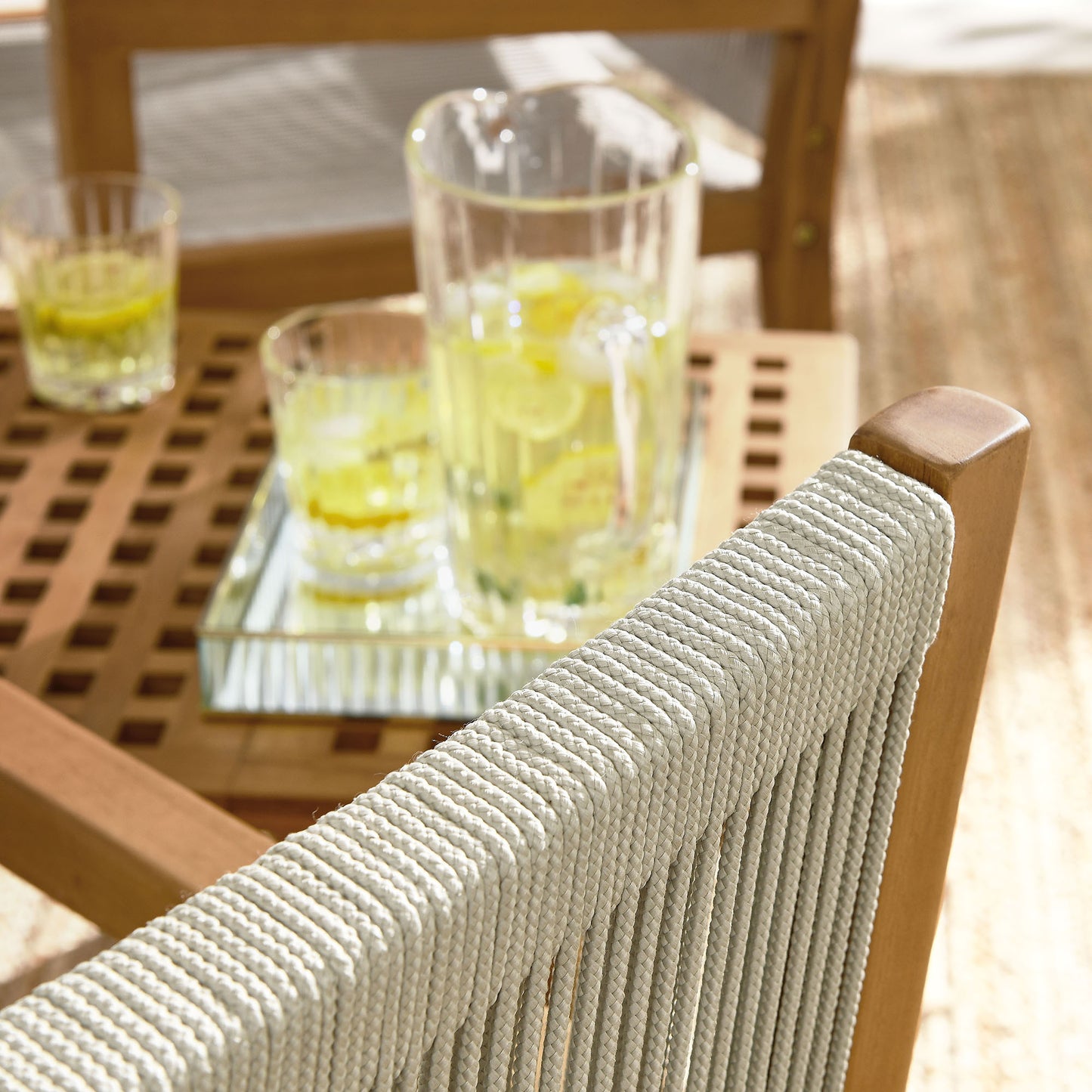 Nova 3-Piece Outdoor Patio Teak and Rope Armchairs with Folding Side Table in Natural Natural