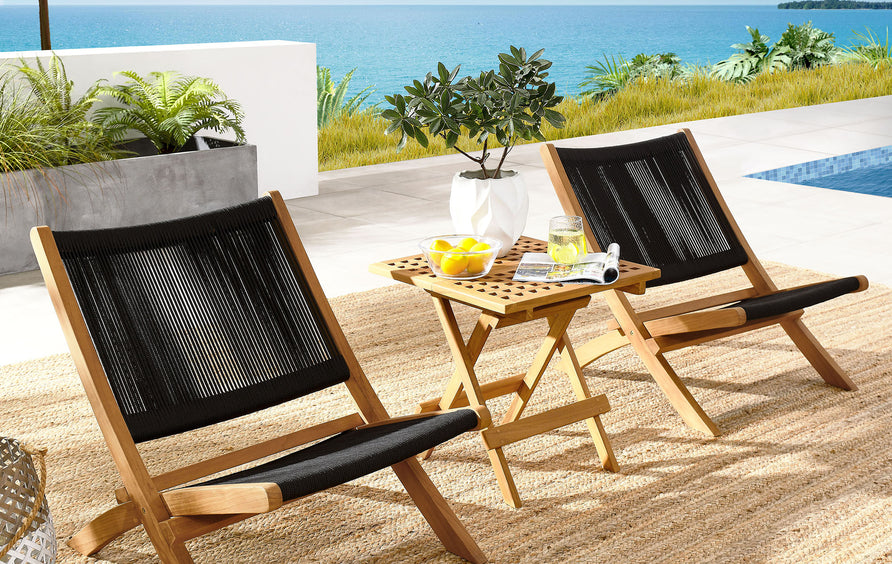 Nova 3-Piece Outdoor Patio Teak and Rope Folding Lounge Chairs and Side Table in Natural Black
