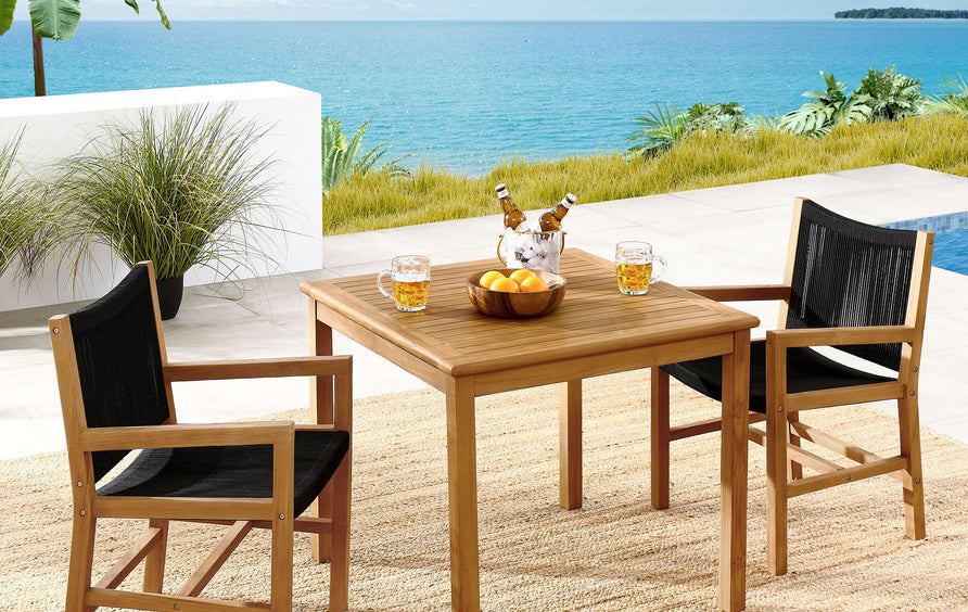 Nova 3-Piece Outdoor Patio Teak and Rope Dining Set with Armchairs in Natural Black
