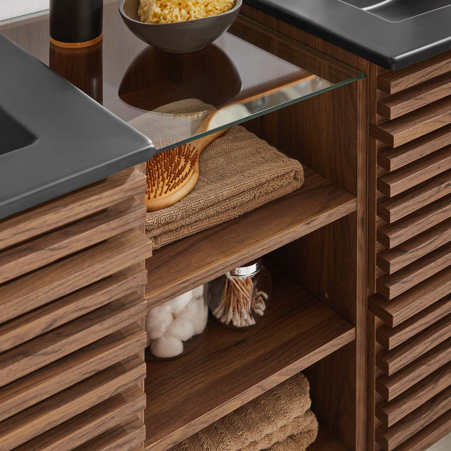 Vera 62" Wall-Mount Double Sink Bathroom Vanity in Walnut Black