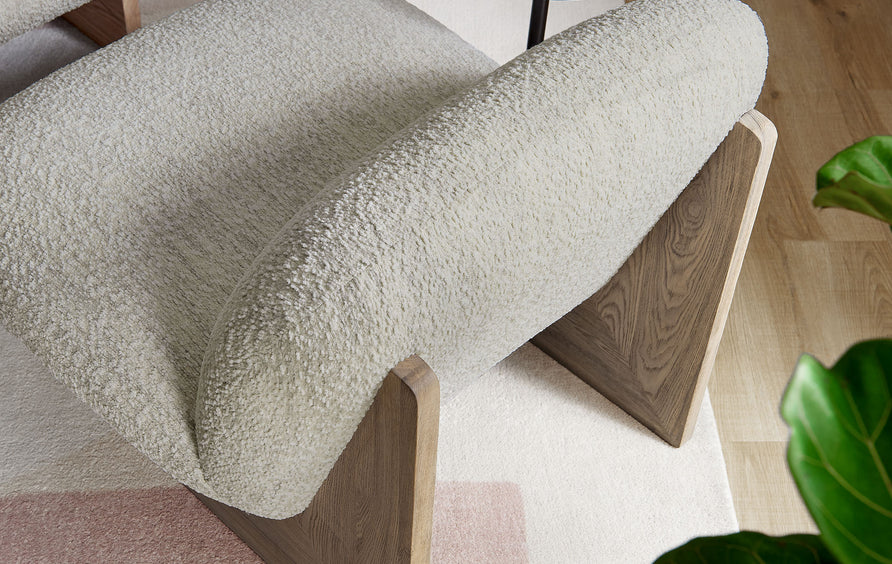 Sitges Boucle Fabric Accent Chair and Ottoman Set in Pearl Oak