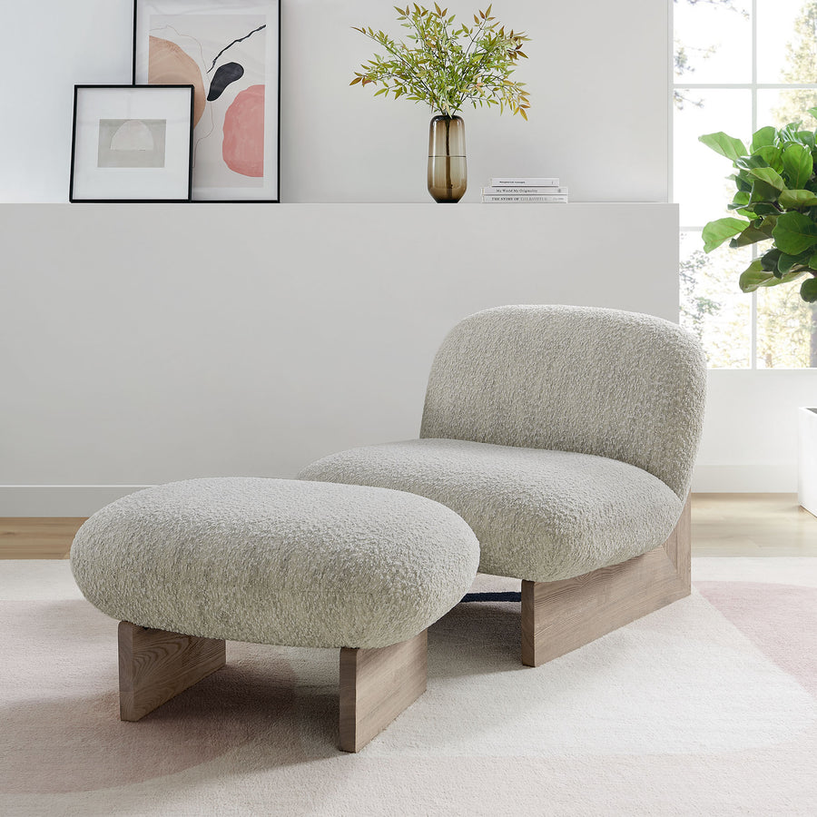 Sitges Boucle Fabric Accent Chair and Ottoman Set in Pearl Oak