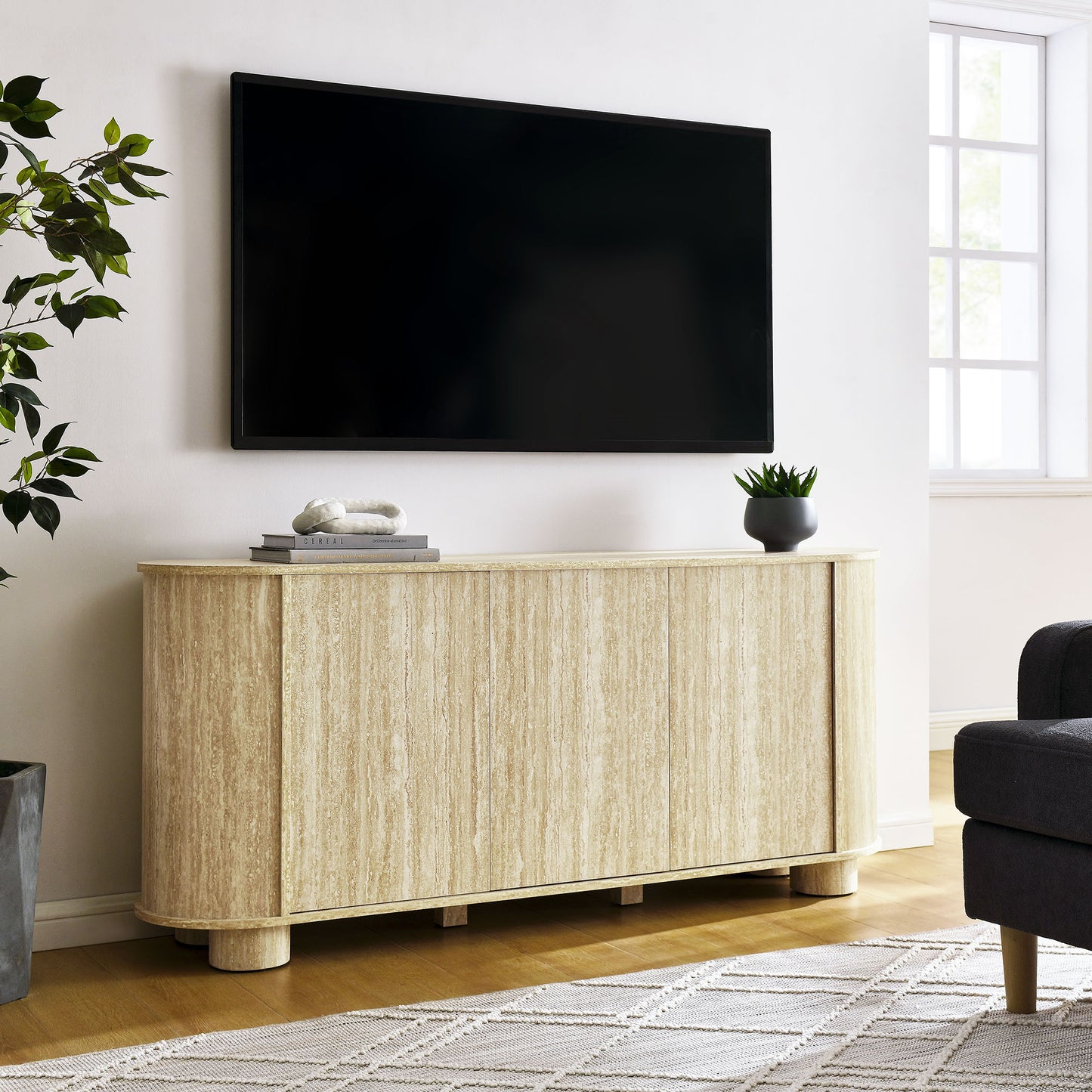 Vaughn 63" Oval Faux Travertine Sideboard in Travertine