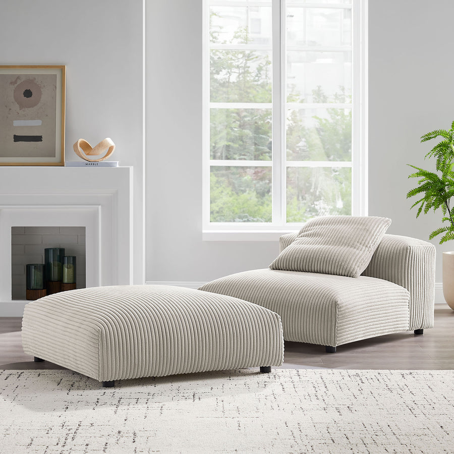 Reed Modular Corduroy Upholstered Armless Chair and Ottoman Set in Almond