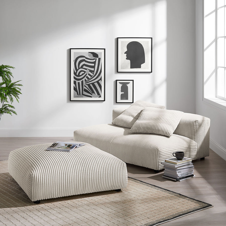 Reed Modular Corduroy Upholstered Armless Loveseat and Ottoman Set in Almond