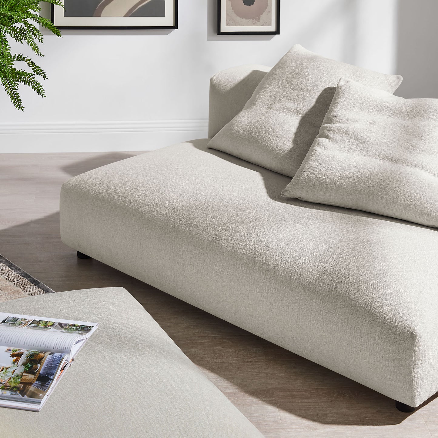 Reed Modular Upholstered Fabric Armless Loveseat and Ottoman Set in Salt