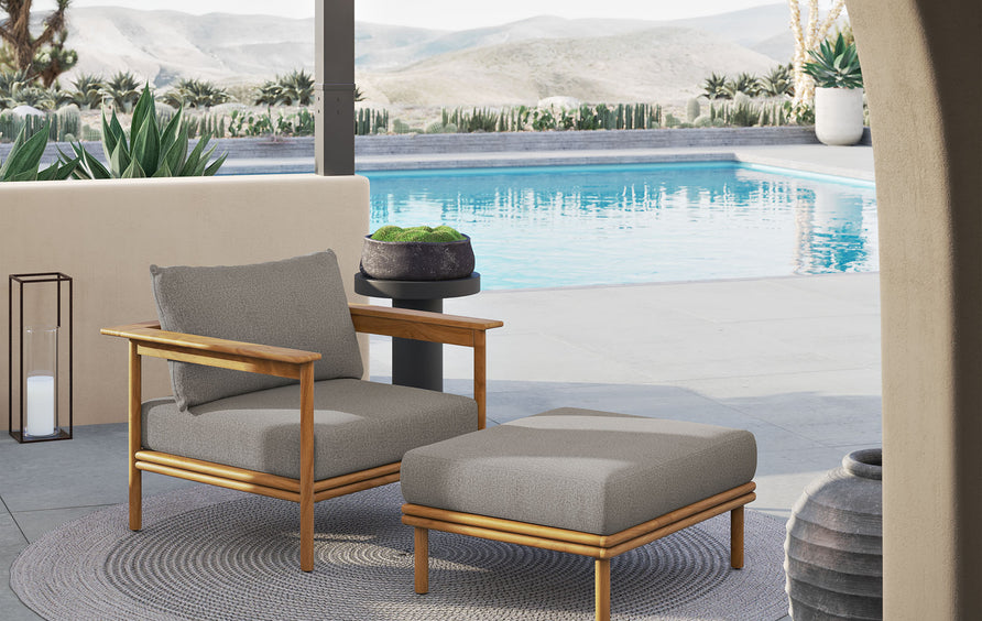 Basalt Outdoor Patio Teak Wood Armchair and Ottoman Set in Natural Driftwood
