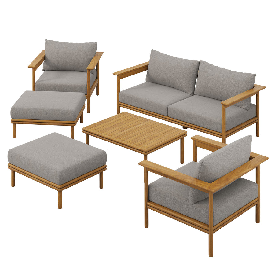 Basalt 6-Piece Outdoor Patio Teak Wood Furniture Set in Natural Driftwood