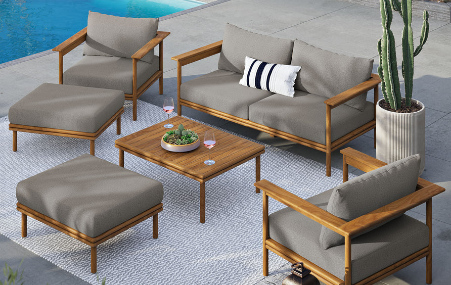Basalt 6-Piece Outdoor Patio Teak Wood Furniture Set in Natural Driftwood