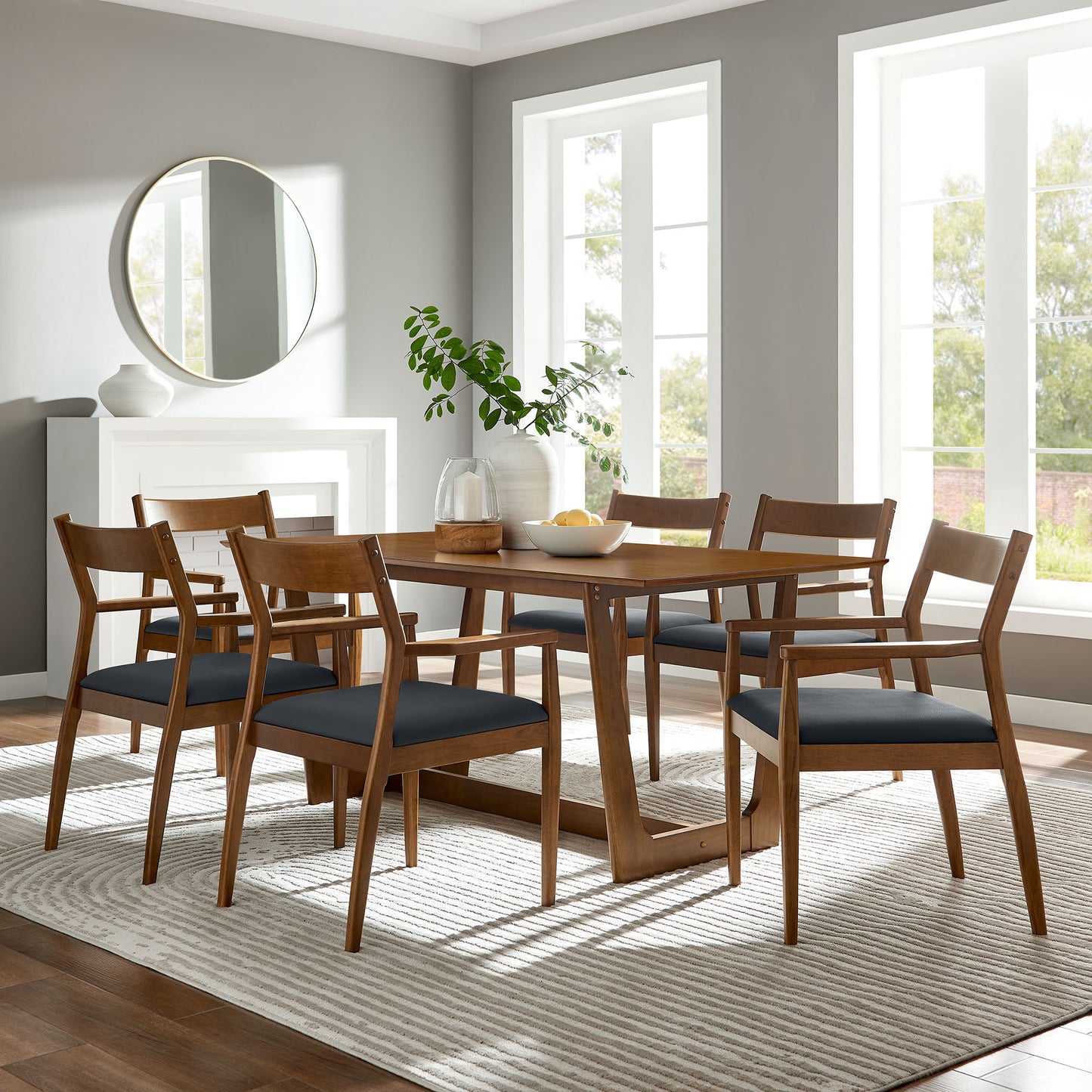 Marble 7-Piece Wood Dining Set with Vegan Leather Armchairs in Walnut Black