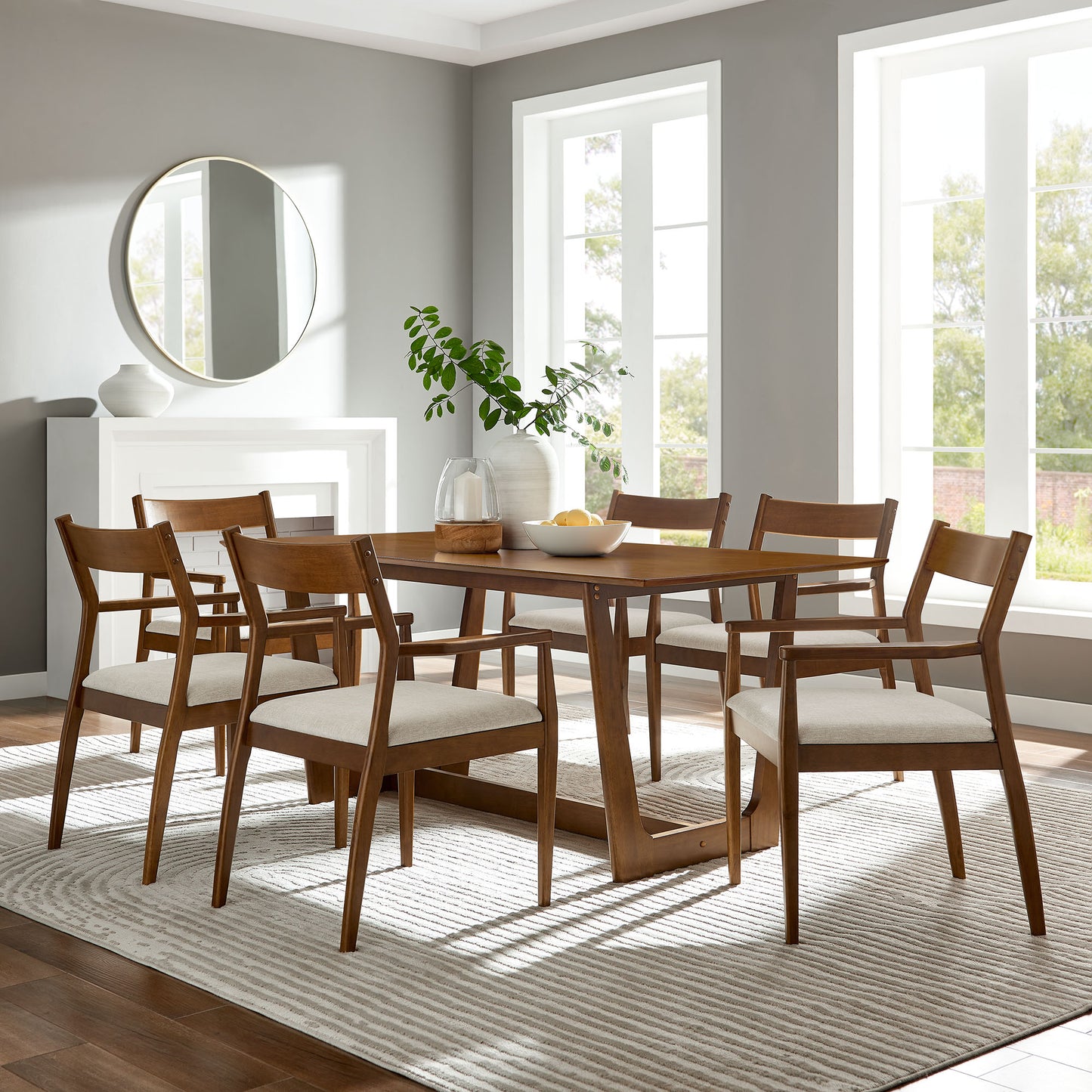 Marble 7-Piece Wood Dining Set with Fabric Upholstered Armchairs in Walnut Heathered Weave Beige