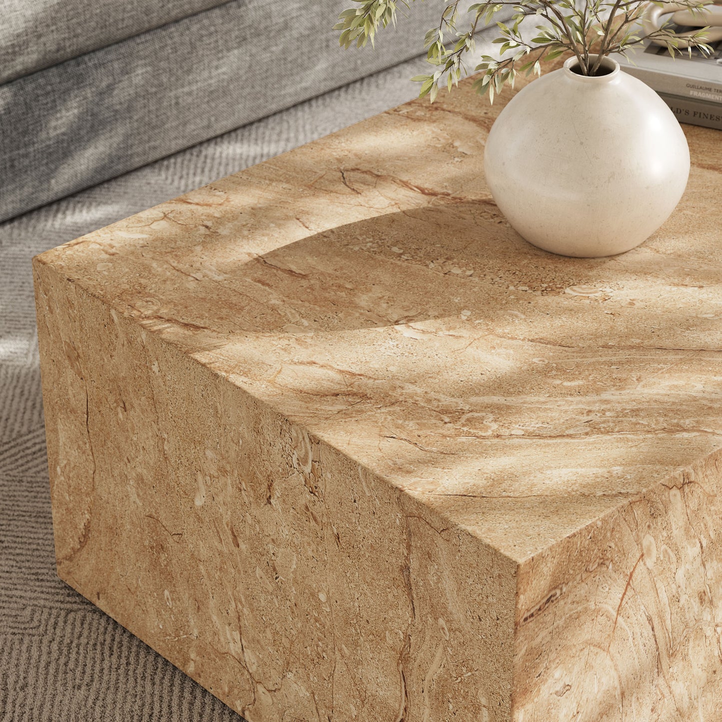 Yael Square Plinth Indoor - Outdoor Patio Concrete Coffee Table in Travertine