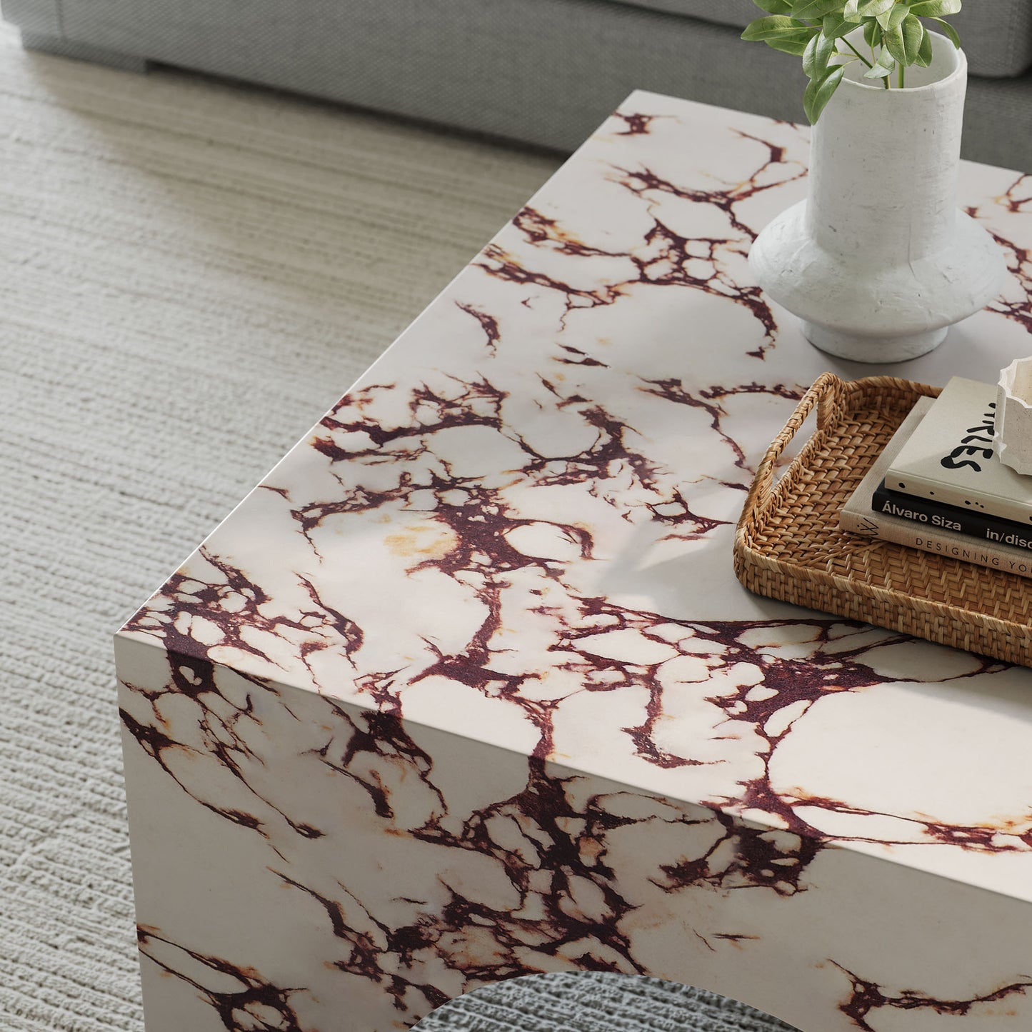 Esme Indoor - Outdoor Patio Arched Concrete Coffee Table in Red Marble