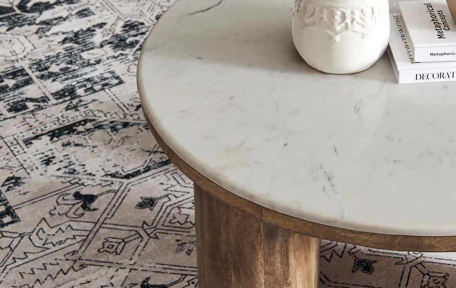 Thora 33" Round Wood Coffee Table With Marble Top in Walnut