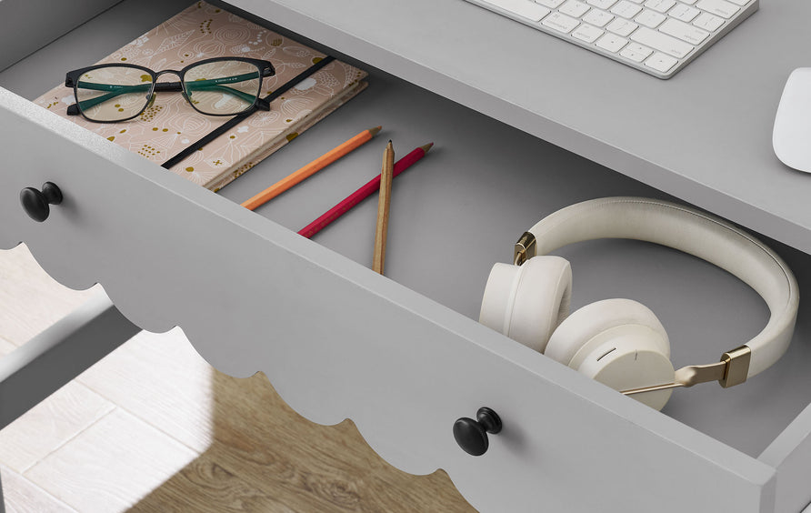Solstice 1-Drawer Scallop Writing Desk in Light Gray