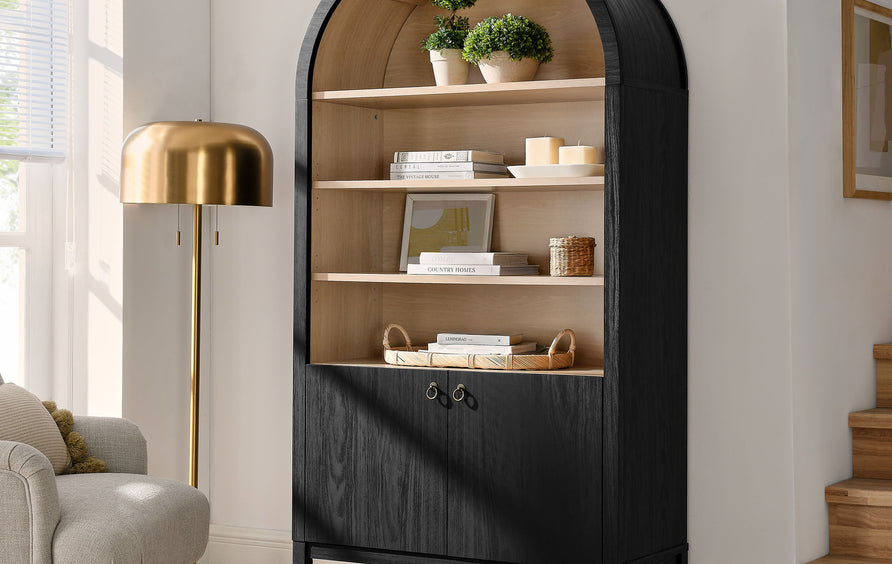 Percale 74" Tall Wide Arched Storage Display Cabinet Bookshelf in Black Oak