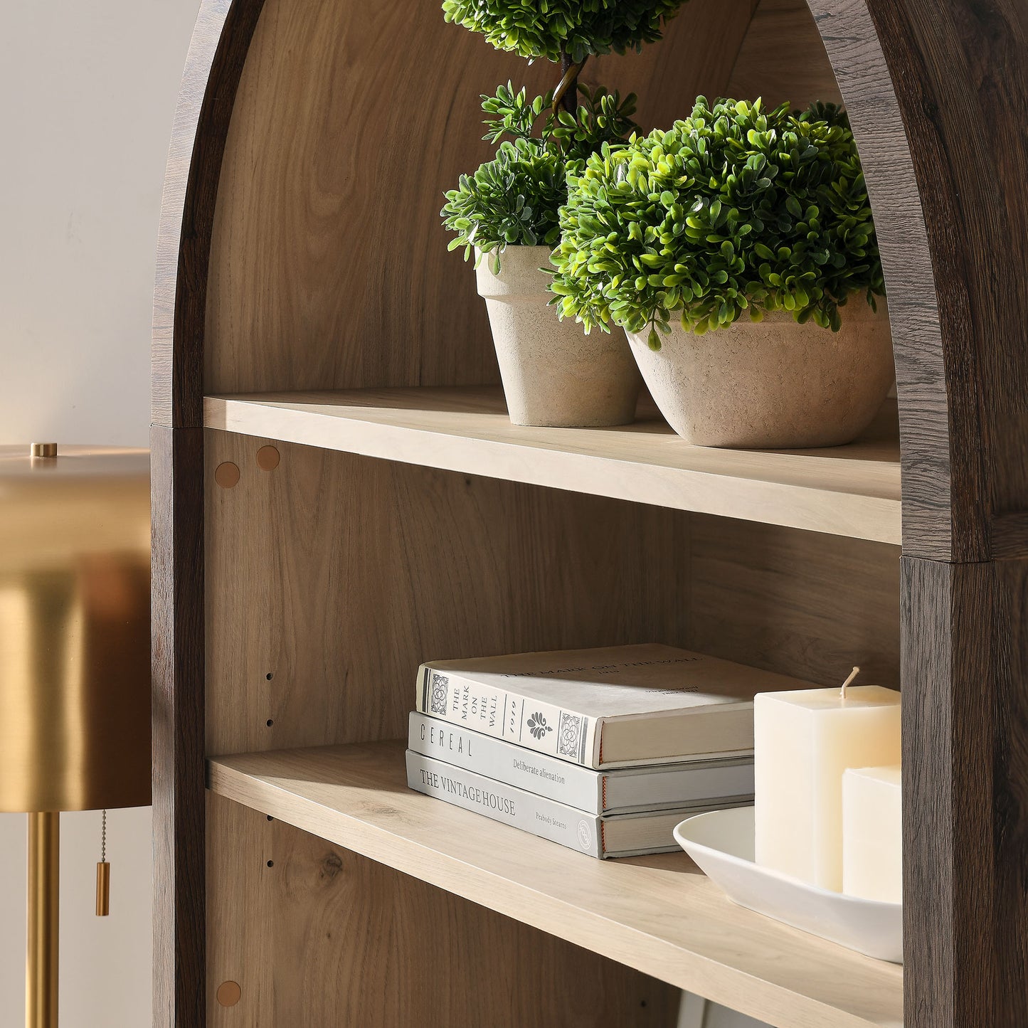 Percale 74" Tall Wide Arched Storage Display Cabinet Bookshelf in Dark Walnut
