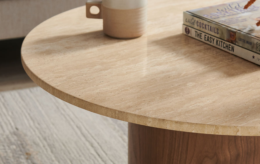 Avila Round Travertine Coffee Table in Walnut