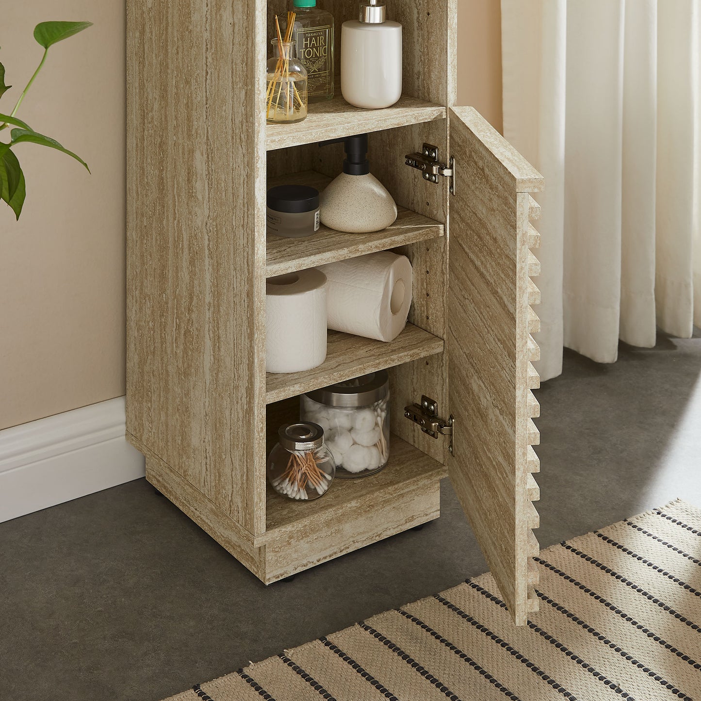 Vera Tall Narrow Faux Travertine Linen Storage Cabinet in Travertine