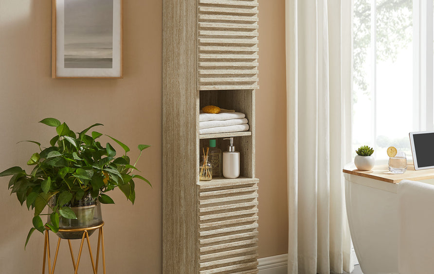Vera Tall Narrow Faux Travertine Linen Storage Cabinet in Travertine
