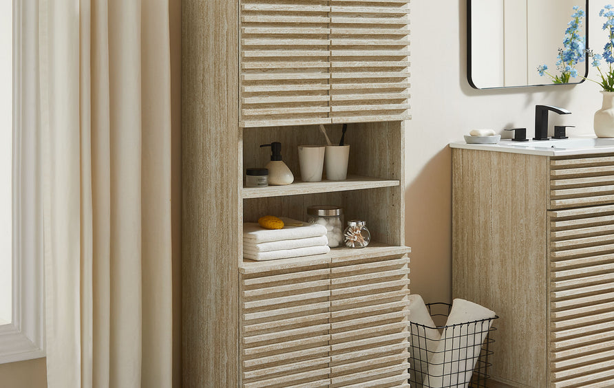 Vera Tall Faux Travertine Linen Storage Cabinet in Travertine
