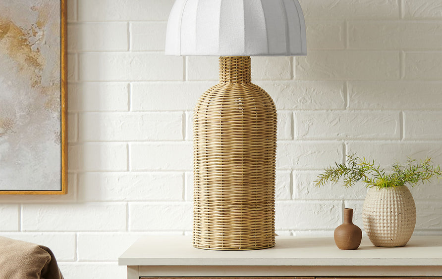 Roundstone Rattan Table Lamp With Dome Shade in White Natural