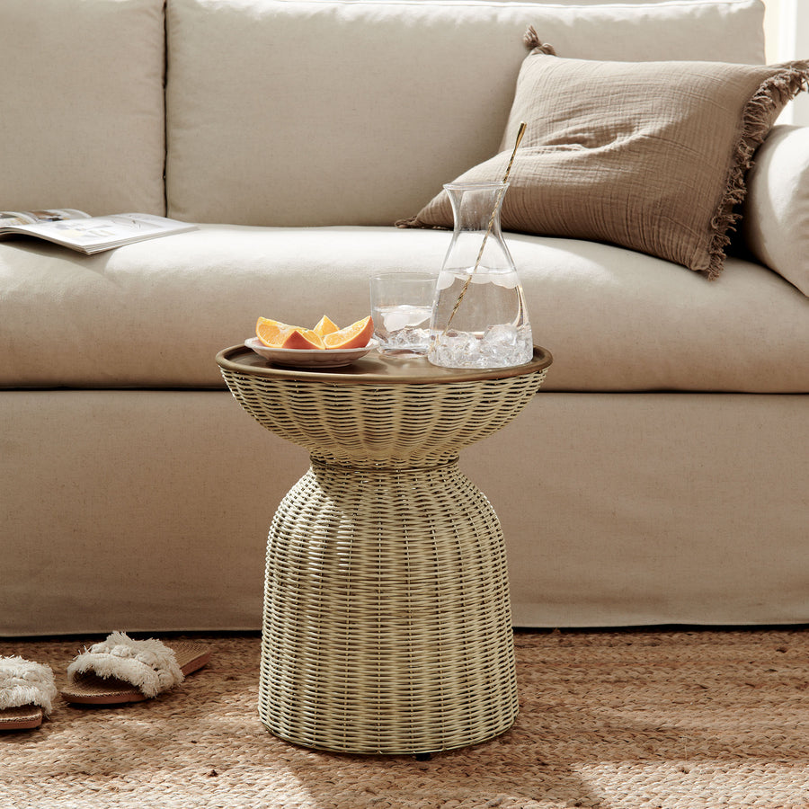 Girona Round Rattan Side Table in Burnished Brass Natural