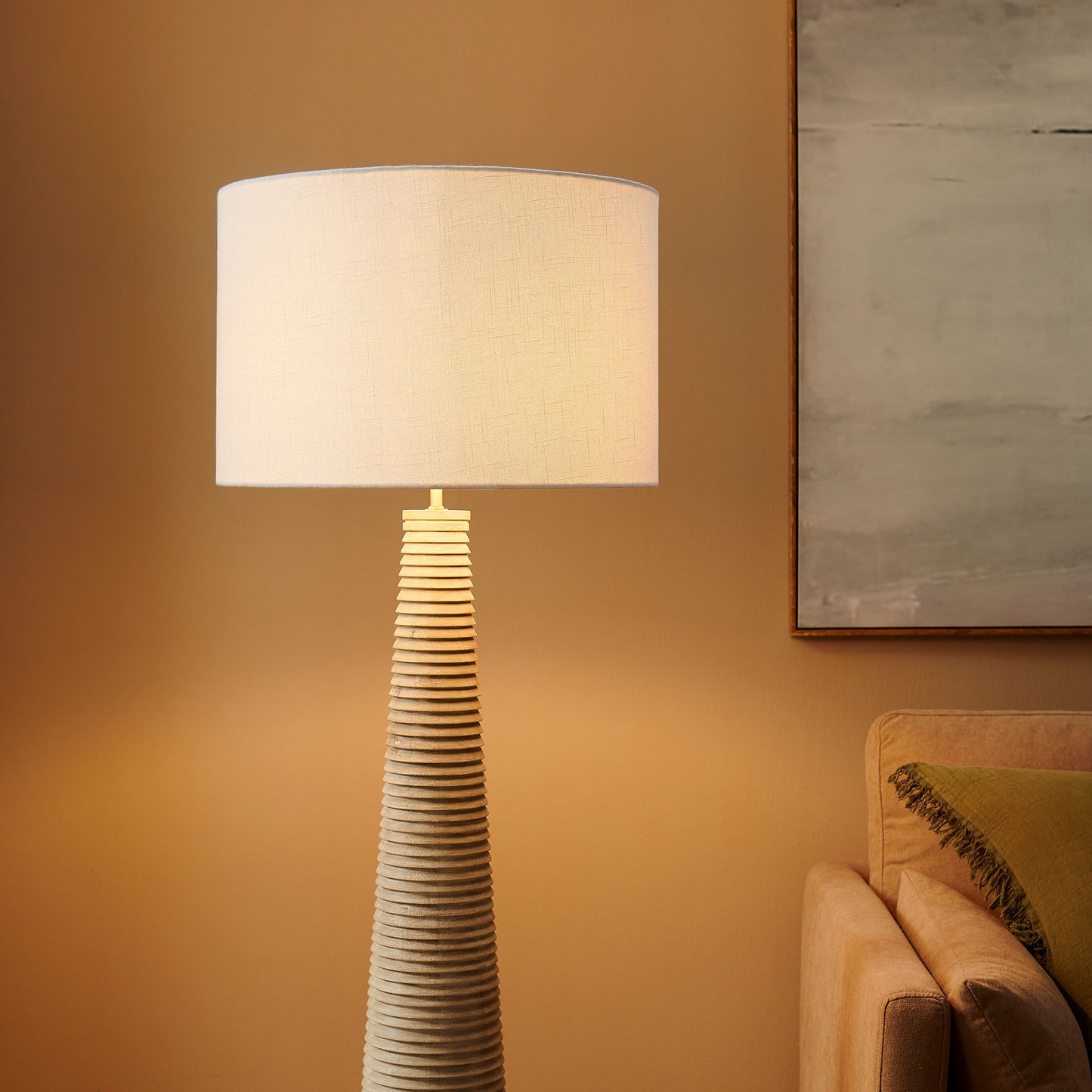 Killarney Carved Ribbed Wood Floor Lamp With Drum Shade in White Gray