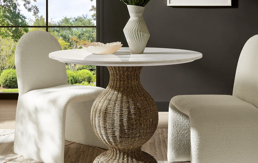 Vansbro 36" Marble and Seagrass Dining Table in White Natural