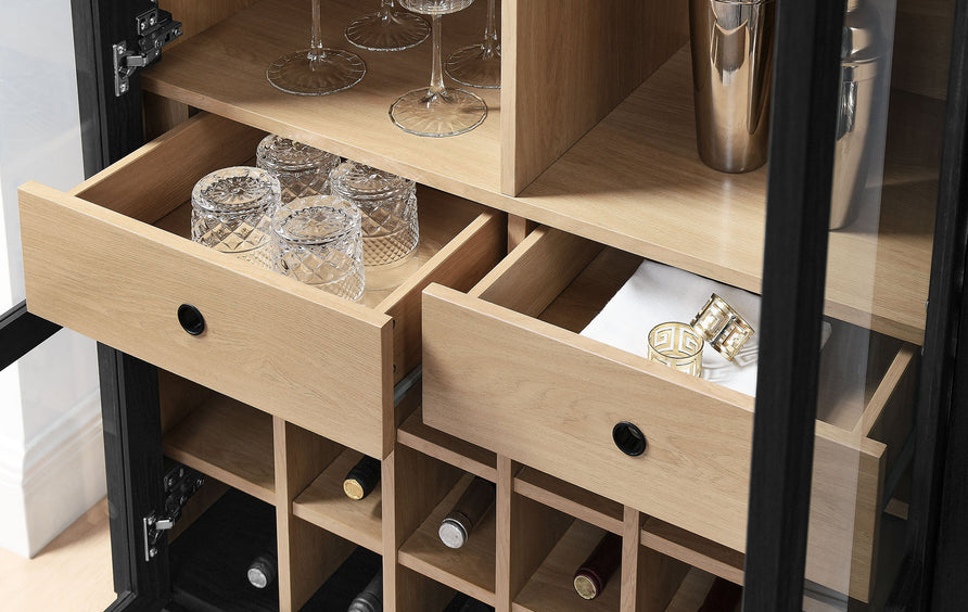 Percale Arched Bar Cabinet in Black Oak