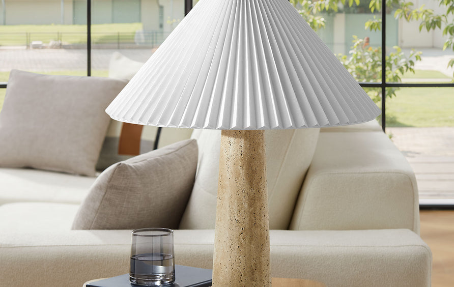 Flora Travertine Table Lamp With Pleated Shade in Travertine