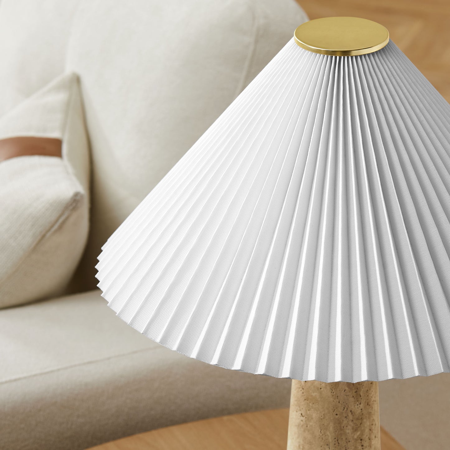 Flora Travertine Table Lamp With Pleated Shade in Travertine