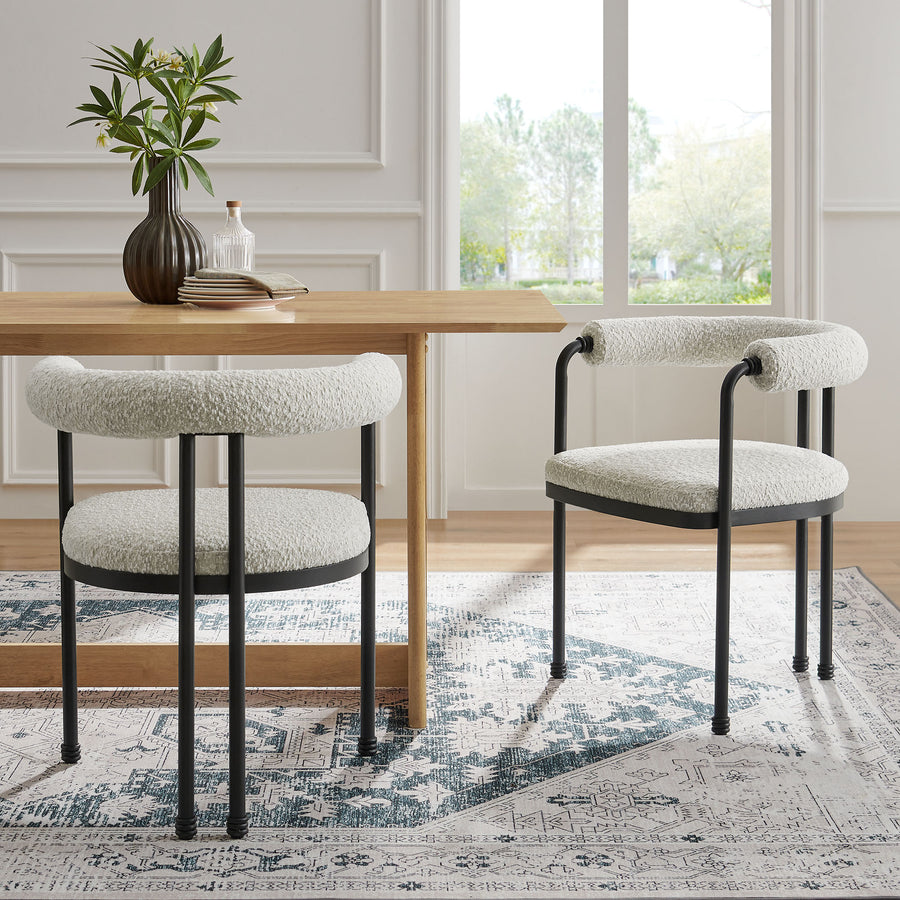 Carys Curved Back Boucle and Metal Dining Accent Chair in Black Pearl