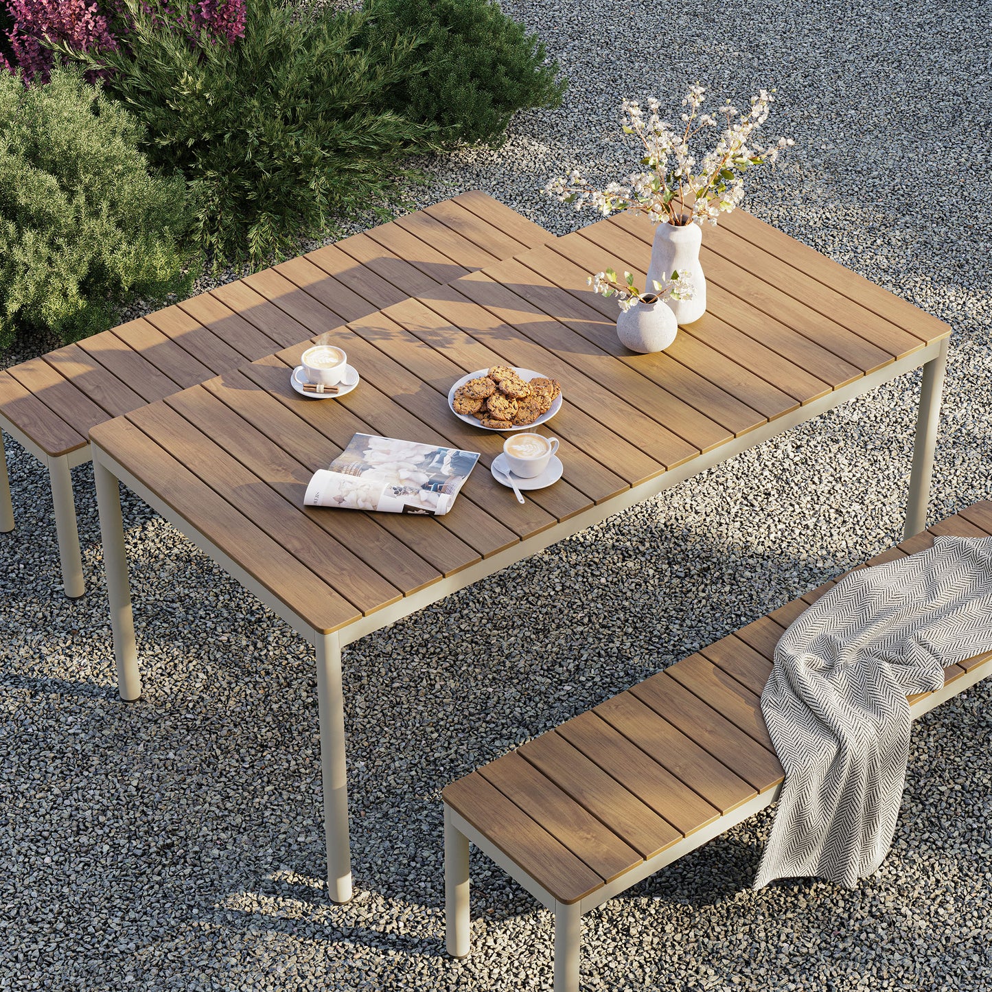 Yuzu Outdoor Patio Aluminum Faux Wood Dining Set with Benches in Natural