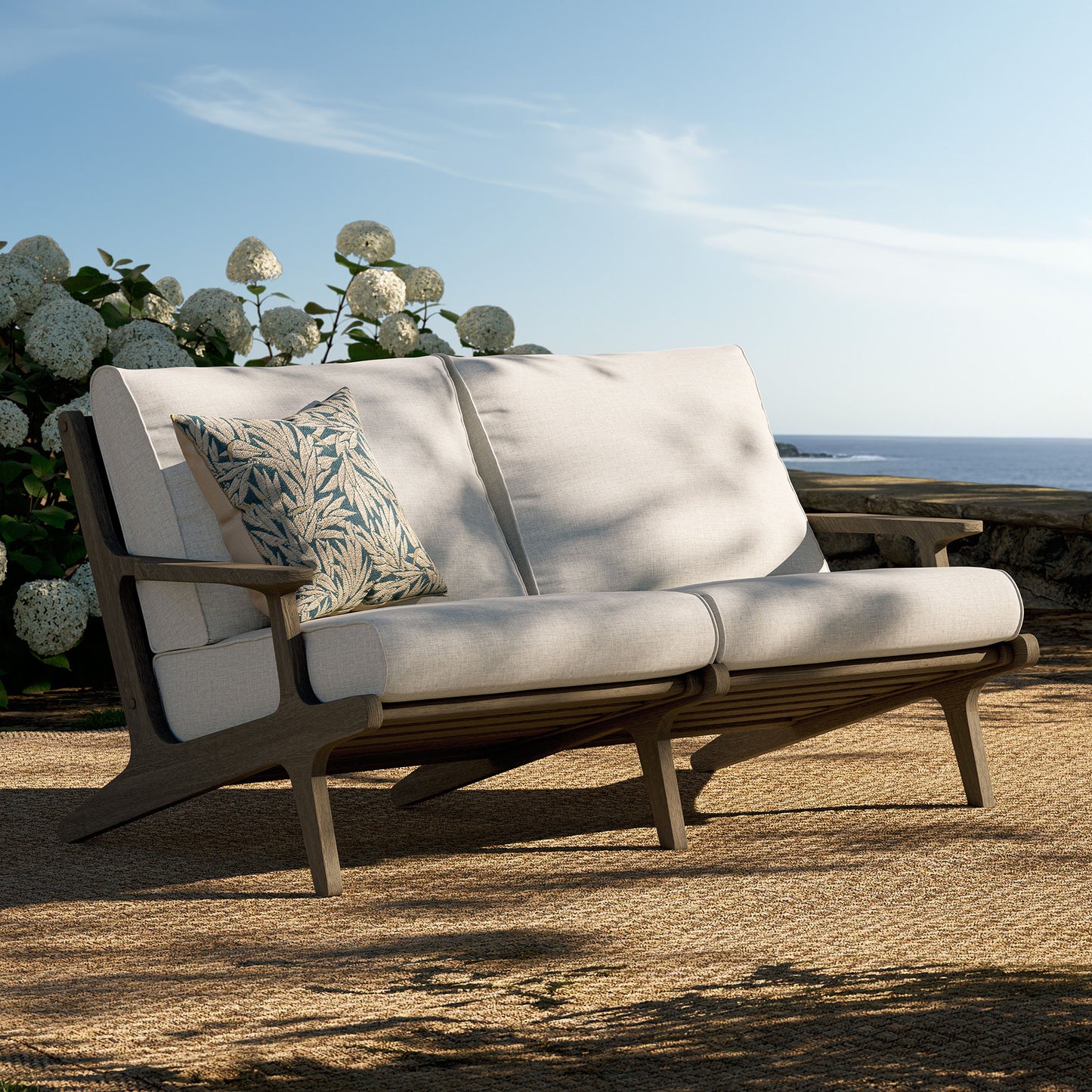 Lark Outdoor Patio Teak Wood Loveseat in Weathered Gray Pebble