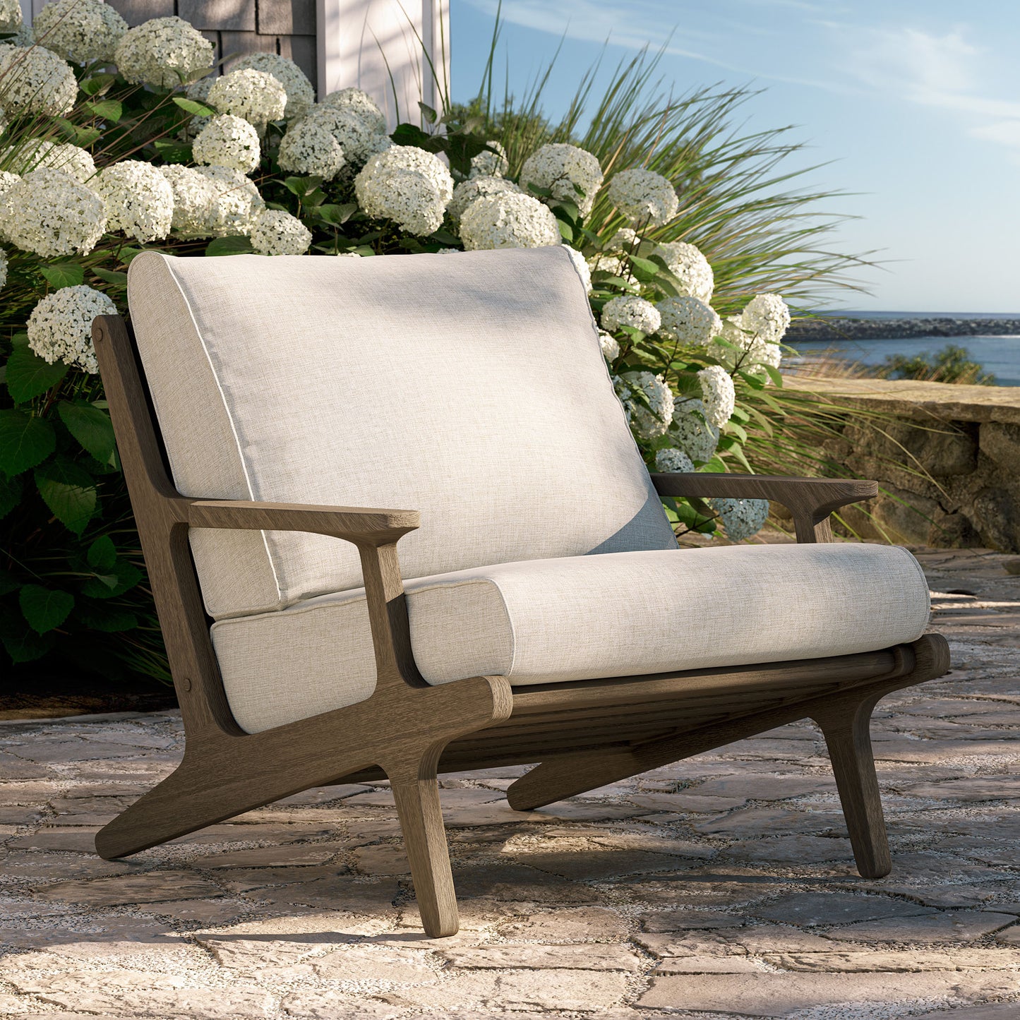 Lark Outdoor Patio Teak Wood Armchair in Weathered Gray Pebble
