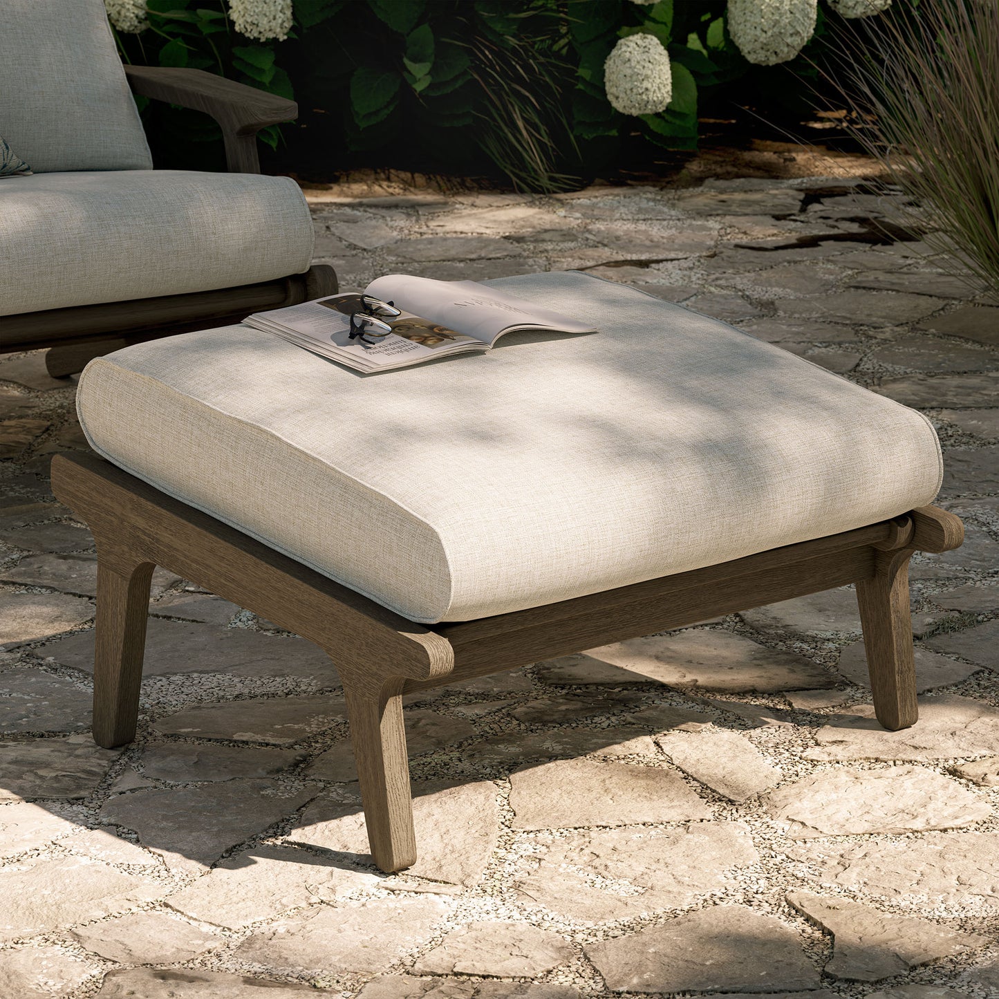 Lark Outdoor Patio Teak Ottoman in Weathered Gray Pebble