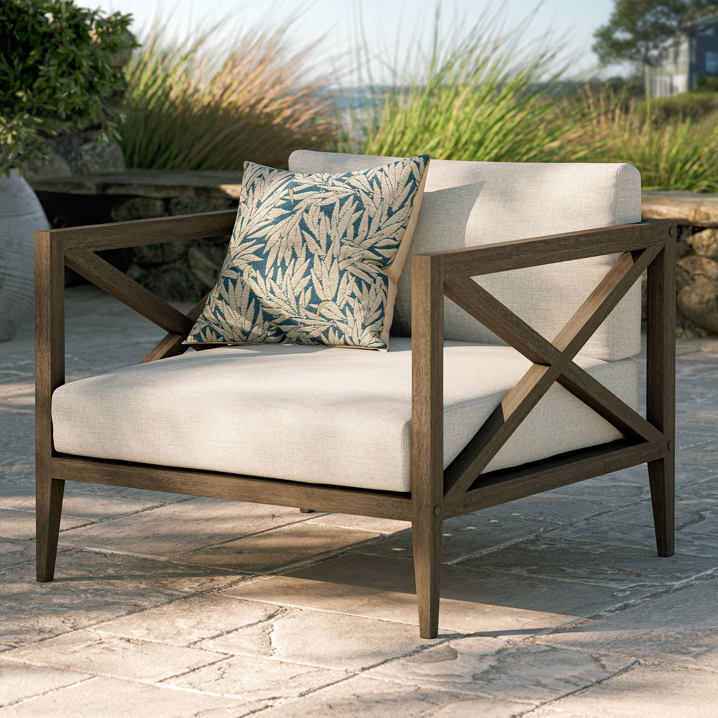 Roan Outdoor Patio Teak Armchair in Weathered Gray Pebble