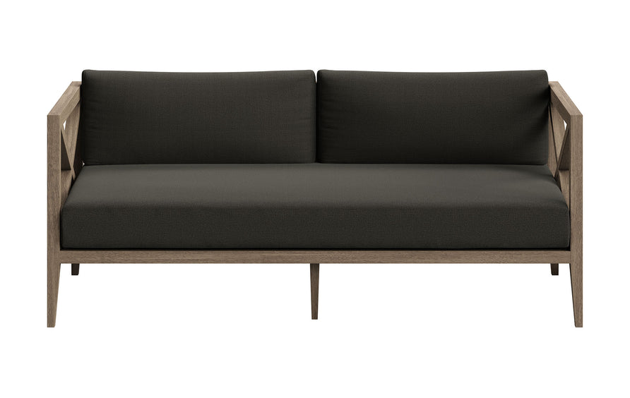 Roan Outdoor Patio Teak Wood Loveseat and Ottoman Set in Weathered Gray Flint