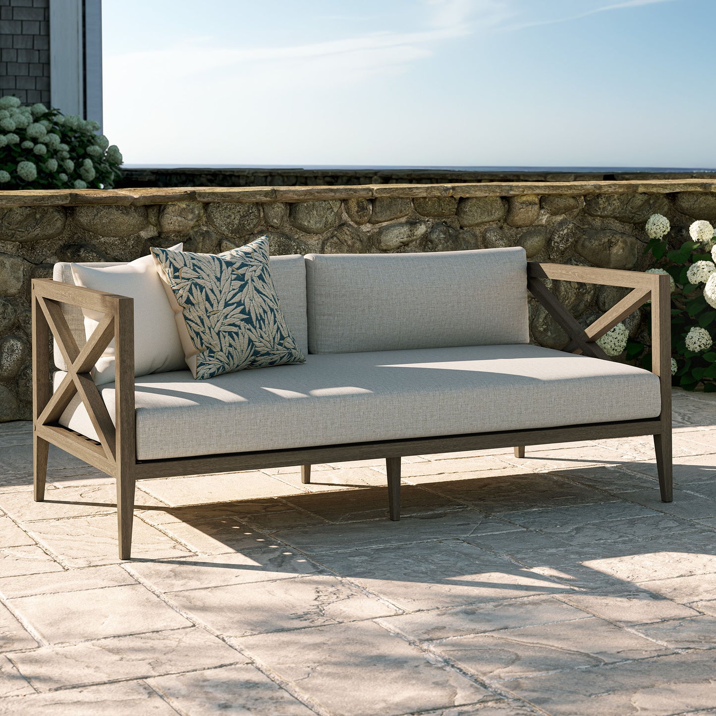 Roan Outdoor Patio Teak Loveseat in Weathered Gray Pebble