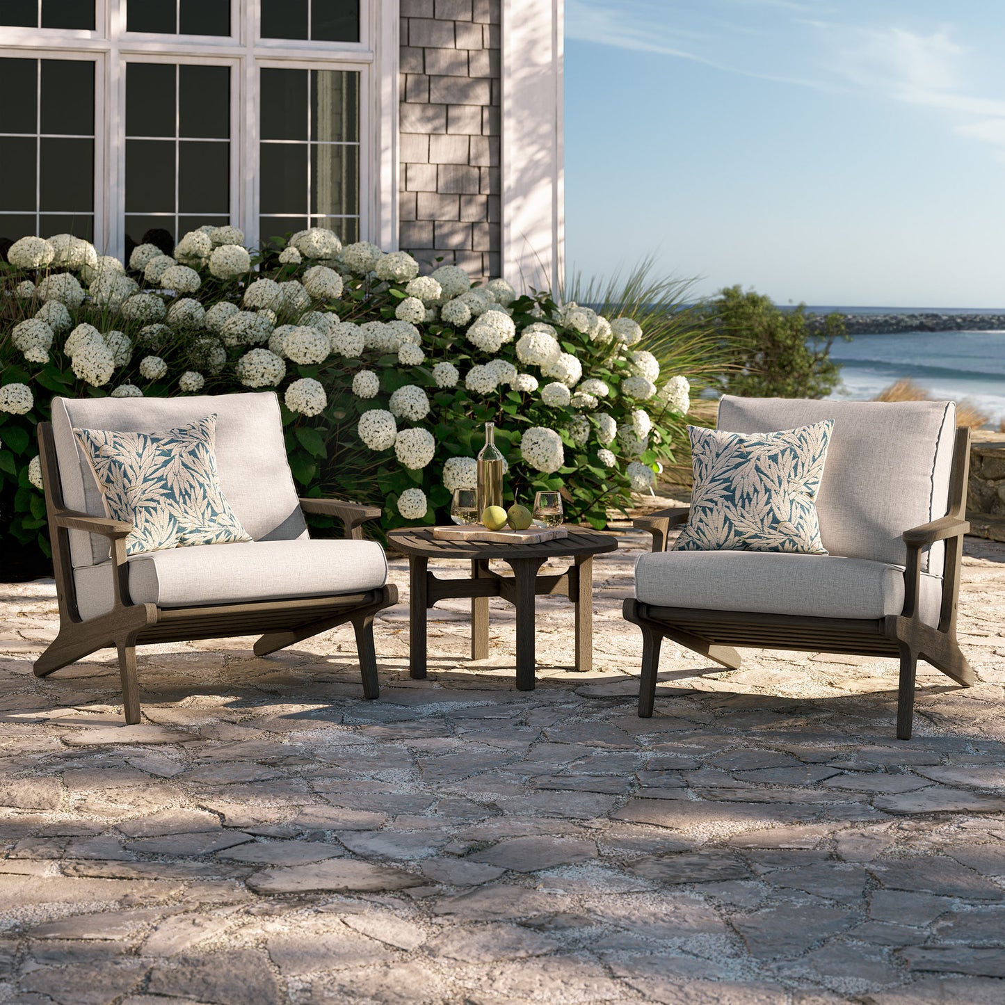 Lark 3-Piece Outdoor Patio Teak Wood Furniture Set with Lounge Chairs and Side Table in Weathered Gray Pebble