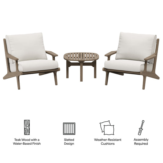 Saratoga 3-Piece Outdoor Patio Teak Wood Furniture Set with Lounge Chairs and Side Table by Furniture For America
